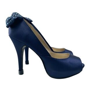 Expression Navy Blue Satin Peep-Toe Platform Heels with Rhinestone Bows Size 7